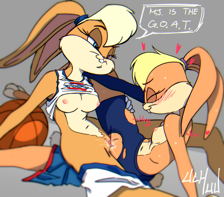 &lt;3 absurd_res anthro basketball basketball_uniform blonde_hair blue_eyes blush bodily_fluids bottomless breasts buckteeth ch_uchuu cheek_tuft clitoral_hood clothed clothing dialogue duo exposed_breasts eyes_closed facial_tuft female female/female fur genital_fluids genitals hair hi_res jersey lagomorph leporid lola_bunny looking_pleasured looney_tunes mammal multicolored_body multicolored_fur navel nipples pussy pussy_juice rabbit raised_clothing raised_shirt raised_topwear selfcest sex shirt simple_background space_jam speech_bubble sportswear square_crossover tan_body tan_fur tank_top teeth topless topwear torn_clothing tribadism tuft two_tone_body two_tone_fur uniform vaginal warner_brothers