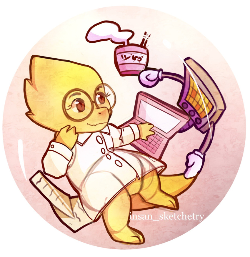 alphys anthro clothed clothing coat computer cup duo english_text eyewear featureless_crotch female glasses gloves handwear hi_res insan_sketchetry japanese_text lab_coat laptop lizard machine mettaton paper red_eyes reptile robot scalie screen screen_face signature simple_background smile text thick_tail topwear undertale video_games
