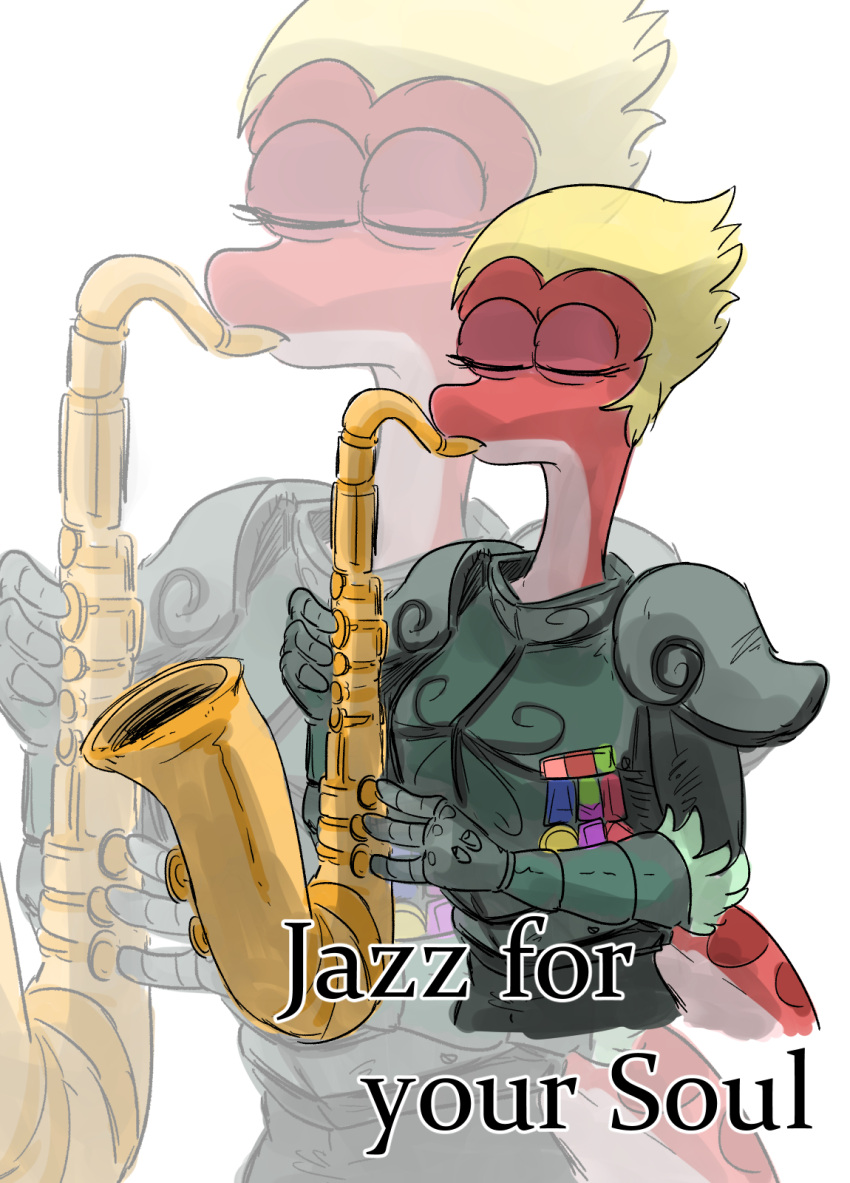 2021 amphibia_(series) amphibian anthro armor blonde_hair disney eyes_closed female hair hi_res humor meme musical_instrument newt red_body salamander_(amphibian) saxophone solo thedarkzircon wind_instrument woodwind_instrument yunnan