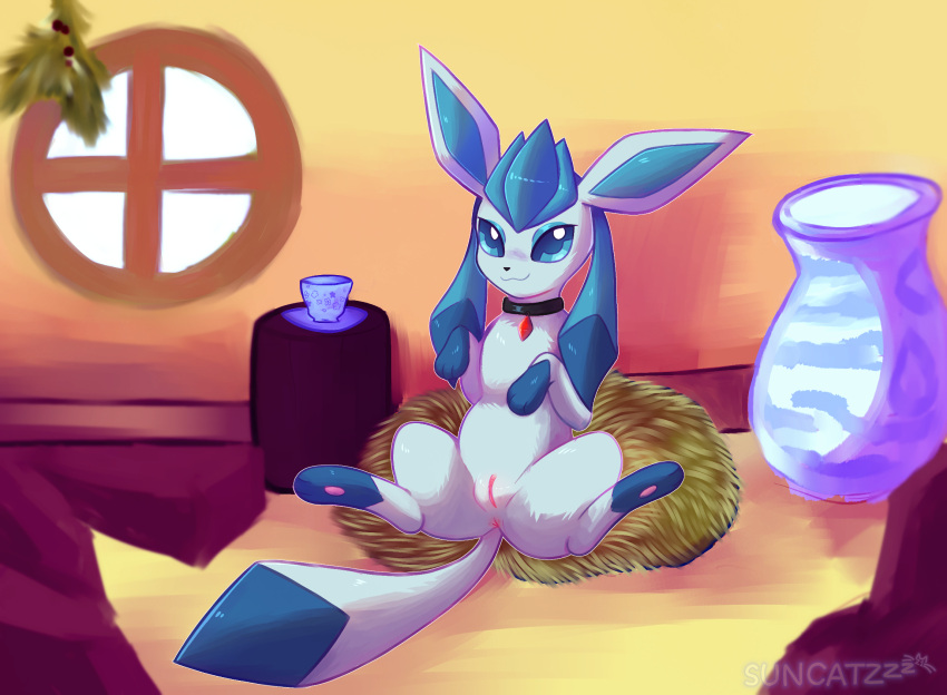 collar cup eeveelution fan_character female feral freya_howell furniture gem genitals glaceon hay_bed hi_res inside mammal nintendo pok&eacute;mon pok&eacute;mon_(species) pok&eacute;mon_mystery_dungeon presenting presenting_pussy pussy scorbunny_(artist) solo table vase video_games wanderlust window