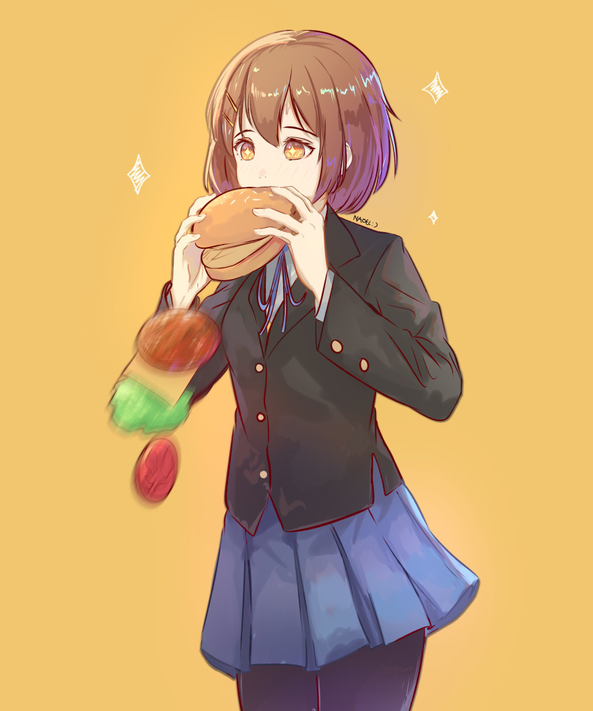 +_+ 1girl absurdres bangs black_jacket black_legwear blazer blue_neckwear blue_ribbon blue_skirt bread_bun breasts brown_eyes brown_hair buttons cheese collared_shirt eating food hair_ornament hairclip hamburger highres hirasawa_yui holding holding_food jacket k-on! lettuce long_sleeves meat motion_blur naoel_(naoel_art) neck_ribbon pantyhose pleated_skirt ribbon sakuragaoka_high_school_uniform school_uniform shirt short_hair signature simple_background skirt small_breasts solo standing tomato undershirt uniform white_shirt yellow_background