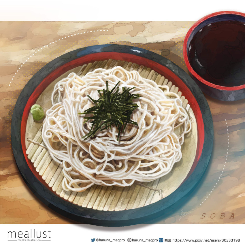 artist_name bowl english_text food food_focus highres meallust no_humans noodles original plate realistic seaweed simple_background soba soup still_life wasabi