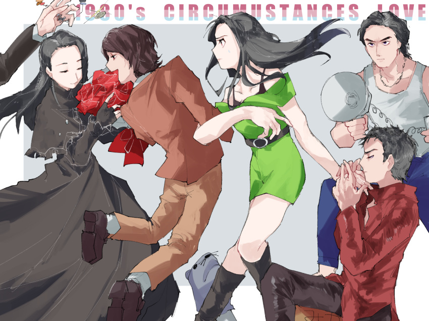2girls 4boys arm_up asou_yuri bags_under_eyes bare_shoulders belt black_bra black_capelet black_dress black_eyes black_footwear black_gloves black_hair black_pants blue_pants boots border bouquet bra bra_strap braid brown_footwear brown_hair brown_jacket brown_pants capelet chikichi closed_eyes closed_mouth coin collarbone commentary_request dress earrings english_text engrish_text fingerless_gloves flower frilled_capelet frills from_behind from_side glint gloves green_dress grey_background grey_shirt half-closed_eyes hand_up hands_together hands_up happy highres holding holding_bouquet holding_hands itoya_ryou jacket jewelry jiro_(kamen_rider_kiva) jumping kamen_rider king_(kamen_rider_kiva) knee_boots knees_together_feet_apart kurenai_otoya locked_arms long_hair long_sleeves maya_(kamen_rider_kiva) megaphone multiple_boys multiple_girls necklace off_shoulder one_knee open_clothes open_jacket open_mouth outside_border pants profile ranguage red_eyes red_flower red_jacket red_rose riki_(kamen_rider_kiva) rose shirt shoes short_dress short_hair short_sleeves simple_background sleeveless sleeveless_shirt smile socks standing sweat tank_top tied_hair translated typo underwear v-shaped_eyebrows white_border white_legwear