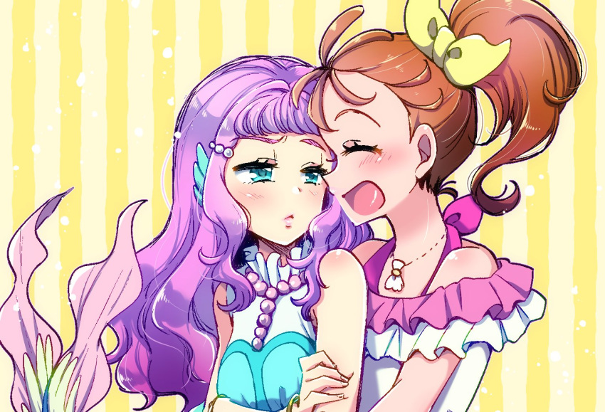2girls :d ^_^ ^o^ armlet blouse blue_eyes blush bracelet closed_eyes commentary facing_another frilled_blouse grabbing_own_arm hair_strand half-closed_eyes halterneck head_fins hug hug_from_behind jewelry laura_(precure) lips lipstick looking_at_another looking_back makeup mermaid monster_girl multicolored multicolored_background multicolored_blouse multiple_girls natsuumi_manatsu noyuki1204 off_shoulder open_mouth orange_hair pearl_hair_ornament pink_blouse pink_hair pink_lips precure puckered_lips raised_eyebrow seashell shell shell_necklace side_ponytail sideways_mouth smile split_tail striped striped_background thick_eyebrows tropical-rouge!_precure upper_body waiting_for_kiss wavy_hair white_blouse yellow_background yuri