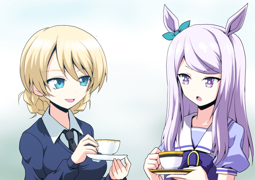 2girls black_neckwear blonde_hair blue_eyes blue_sweater braid commentary_request crossover cup darjeeling_(girls_und_panzer) french_braid girls_und_panzer green_ribbon grey_background highres kamishima_kanon long_hair mejiro_mcqueen multiple_girls necktie purple_eyes purple_hair ribbon saucer school_uniform sidelocks smile st._gloriana's_school_uniform sweater teacup umamusume