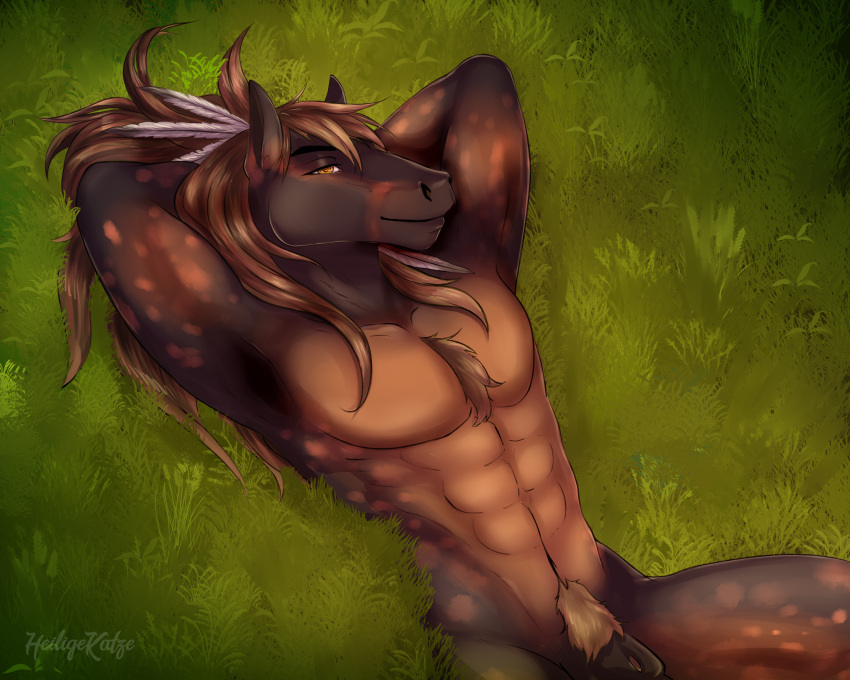 abs absurd_res accessory animal_genitalia anthro beichtstuhl brown_body equid equine feather_in_hair feathers genitals grass hair hair_accessory hi_res horse looking_at_viewer male mammal muscular muscular_anthro muscular_male noz_orlok nude plant relaxing sheath solo yellow_eyes