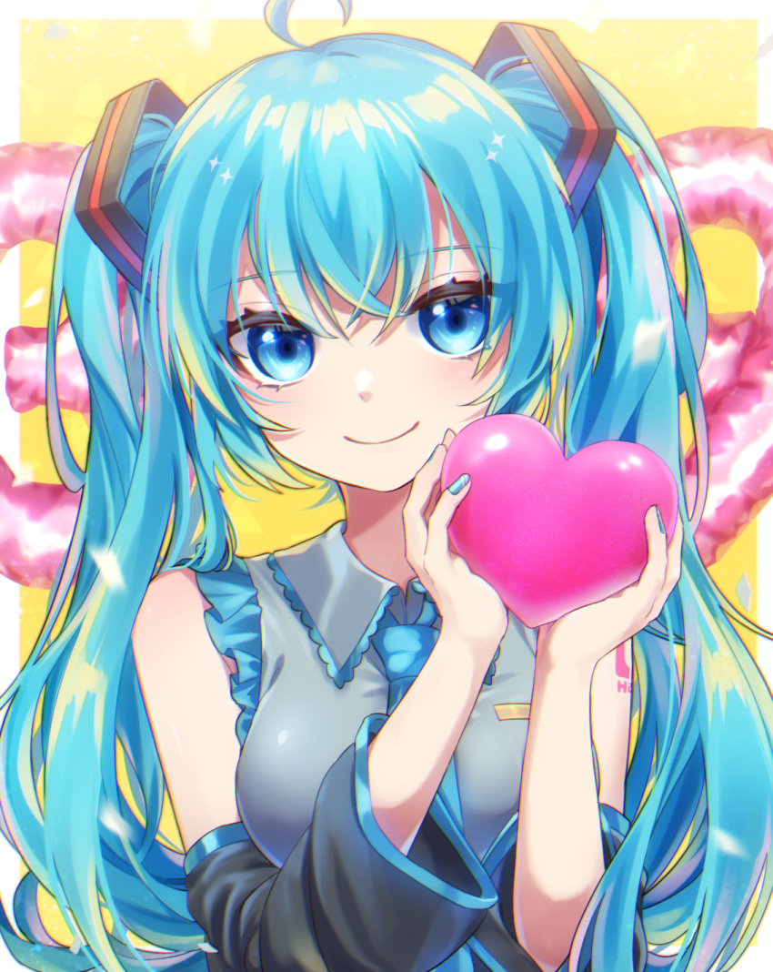 1girl 39 ahoge aqua_eyes aqua_hair aqua_nails aqua_neckwear blush breasts closed_mouth detached_sleeves dress_shirt eyebrows_visible_through_hair frilled_shirt frills hair_between_eyes hatsune_miku heart highres holding lace-trimmed_collar lace_trim long_hair looking_at_viewer medium_breasts necktie number_tattoo shirt simple_background sleeveless sleeveless_shirt smile soramame_pikuto tattoo tsurime twintails upper_body vocaloid wide_sleeves wing_collar