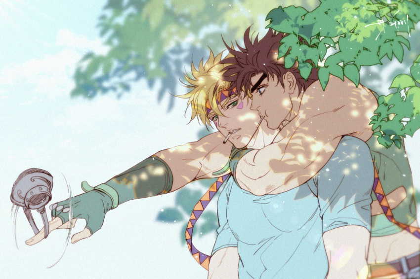 2boys :t arm_around_neck bare_shoulders battle_tendency belt blonde_hair blue_eyes blue_shirt brown_belt brown_hair caesar_anthonio_zeppeli chinese_commentary cigarette clothing_cutout commentary_request crop_top dappled_sunlight dated eyebrows facial_mark fingerless_gloves fingernails gloves green_eyes green_gloves green_tank_top hamon_mask headband highres jojo_no_kimyou_na_bouken joseph_joestar_(young) leaf leaning_on_person looking_at_another male_focus mask mask_removed midriff motion_lines mouth_hold multiple_boys multiple_sources outstretched_arm profile sashiyu shade shirt short_hair signature sleeveless spinning sunlight t-shirt tank_top thick_eyebrows tree_shade triangle_print upper_body