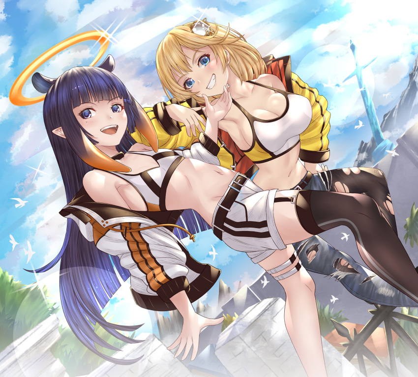 2girls absurdres asymmetrical_legwear bangs black_hair blonde_hair blue_eyes blunt_bangs blush breasts cleavage collarbone english_commentary eyebrows_behind_hair flat_chest halo hand_on_another's_chin highres hololive hololive_alternative hololive_english honkivampy jacket leaning_back leaning_forward leggings lens_flare looking_at_viewer looking_to_the_side medium_breasts medium_hair midriff multiple_girls navel ninomae_ina'nis off_shoulder open_hand open_mouth pointy_ears purple_eyes shiny short_shorts shorts smile sports_bra tentacle_hair thigh_strap thighhighs virtual_youtuber watson_amelia white_jacket white_shorts yellow_jacket