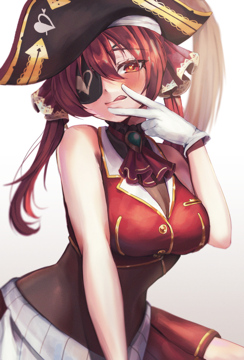 1girl :q absurdres ascot bare_arms bare_shoulders black_headwear bodystocking breasts crop_top cunnilingus_gesture eyepatch gloves gold_trim hand_up hat heart heart-shaped_pupils highres hololive houshou_marine huge_filesize large_breasts leehwa long_hair looking_at_viewer miniskirt pirate_hat pleated_skirt red_eyes red_hair red_skirt red_vest simple_background skirt solo symbol-shaped_pupils tongue tongue_out twintails vest virtual_youtuber white_background white_gloves wing_collar