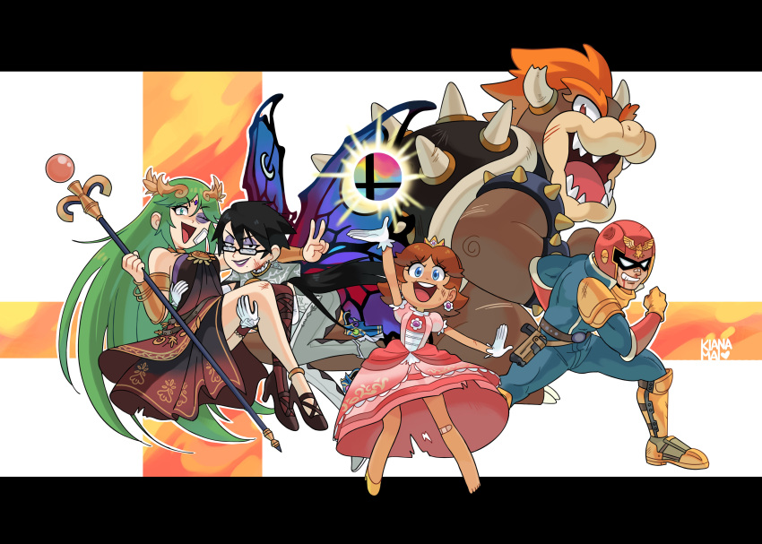 2boys 3girls absurdres alternate_color bandaid bandaid_on_face bandaid_on_knee bayonetta bayonetta_(character) bayonetta_2 black_hair bowser bracelet broken_eyewear broken_horn bruise bruised_eye butterfly_wings captain_falcon carrying crown dress eyeshadow f-zero fangs glasses gloves green_hair helmet highres horns injury jewelry kiana_mai kid_icarus kid_icarus_uprising makeup mario_(series) mini_crown multiple_boys multiple_girls open_mouth palutena pose princess_carry princess_daisy red_hair scar scratches smash_ball smile spiked_armlet spiked_bracelet spiked_shell spikes staff super_mario_bros. super_smash_bros. tiara torn_clothes v white_gloves wings yellow_gloves