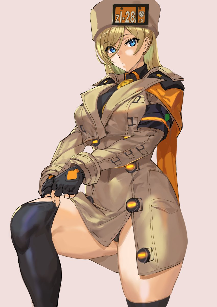 1girl absurdres adjusting_clothes adjusting_legwear alternate_legwear ashiomi_masato bangs beige_background blonde_hair blue_eyes breasts brown_coat brown_headwear coat eyebrows_visible_through_hair fingerless_gloves gloves guilty_gear guilty_gear_strive hair_between_eyes highres leg_up looking_at_viewer medium_breasts millia_rage solo thick_thighs thighhighs thighhighs_pull thighs