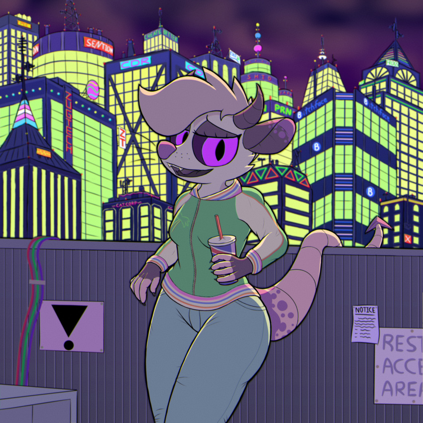 anthro biped bottomwear city cityscape claws clothing cloud creature_sp cup demon denim denim_clothing didelphid female fingerless_gloves_(marking) hi_res holding_object horn hybrid jacket jeans mammal marsupial neon_lights night open_mouth outside pants purple_nose purple_sclera sign sky snake_tongue solo spade_(character) spade_tail teeth topwear trans_(lore) trans_woman_(lore)