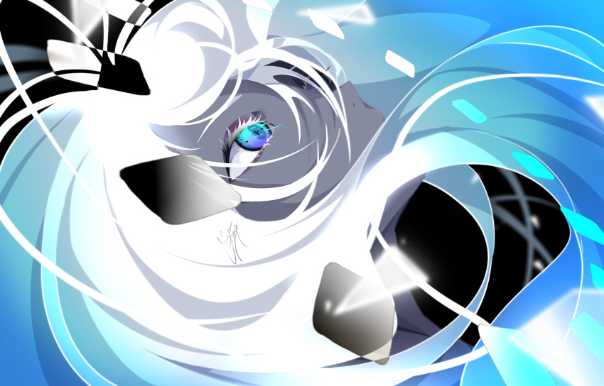 1girl bangs black_background black_skin blue_eyes close-up collarbone colored_skin covered_mouth floating_hair goma_irasuto gradient_hair hair_between_eyes head_tilt highres looking_up multicolored_hair original signature solo upper_body white_hair