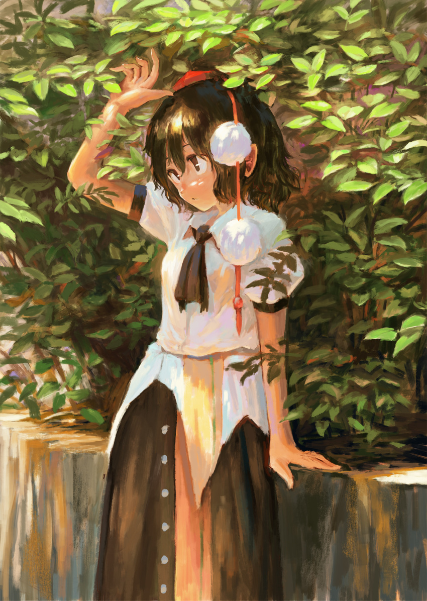 1girl arm_up black_hair black_neckwear black_skirt brown_eyes cravat dappled_sunlight day fjsmu hair_between_eyes hat head_tilt hedge_(plant) highres leaning_on_object long_skirt looking_to_the_side outdoors pom_pom_(clothes) puffy_short_sleeves puffy_sleeves red_headwear shameimaru_aya shirt short_hair short_sleeves skirt solo standing stone_wall sunlight tokin_hat touhou untucked_shirt wall white_shirt