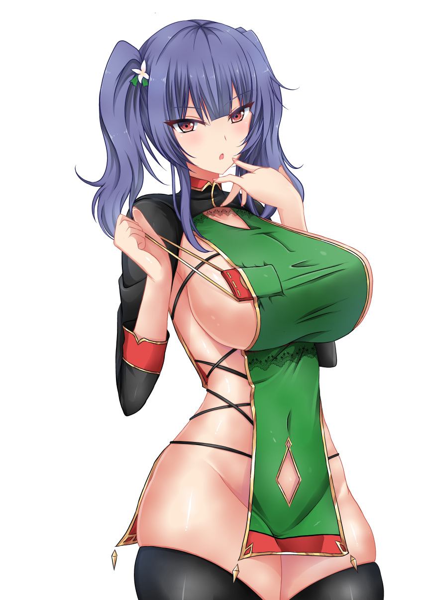 1girl :o absurdres alternate_costume angpao azur_lane bangs black_legwear black_sleeves blunt_bangs blush breasts covered_navel cowboy_shot dress eyebrows_visible_through_hair finger_to_face green_dress groin hands_up highres kuroakei_(pixiv5742644) large_breasts long_hair long_sleeves looking_at_viewer no_panties pink_eyes pola_(azur_lane) purple_hair revealing_clothes shrug_(clothing) sideboob sidelocks skindentation solo standing strap_pull taut_clothes taut_dress thighhighs transparent_background twintails