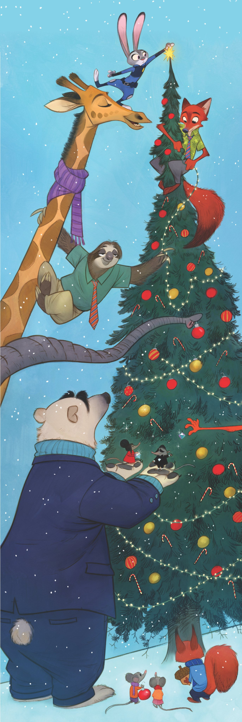 absurd_res anthro barefoot belt bottomwear brown_body brown_fur canid canine christmas christmas_tree clothed clothing cory_loftis disney eulipotyphlan feet flash_slothmore fox fru_fru fully_clothed fur giraffe giraffid grey_body grey_fur group hi_res holding_object holidays judy_hopps koslov lagomorph leporid mammal mouse mr._big murid murine necktie official_art orange_body orange_fur outside pants pawpads pilosan plant polar_bear rabbit red_fox rodent scarf sciurid shirt shrew sloth snow snowing standing topwear tree ursid ursine white_body white_fur xenarthran zootopia