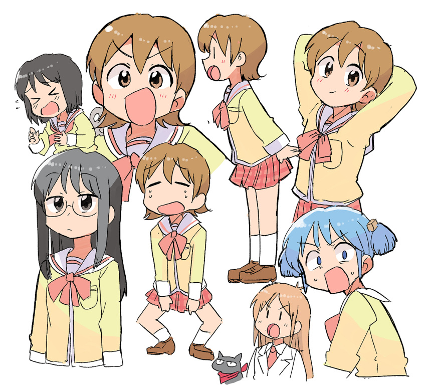 &gt;_&lt; 5girls aioi_yuuko black_cat black_eyes black_hair blue_eyes blue_hair blush brown_eyes brown_hair cat closed_eyes closed_mouth full_body glasses hair_cubes hair_ornament long_hair long_sleeves minakami_mai multiple_girls multiple_views naganohara_mio nichijou open_mouth professor_shinonome sakamoto_(nichijou) scarf school_uniform shinonome_nano short_hair short_twintails simple_background tokisadame_school_uniform tsubobot twintails upper_body white_background winding_key