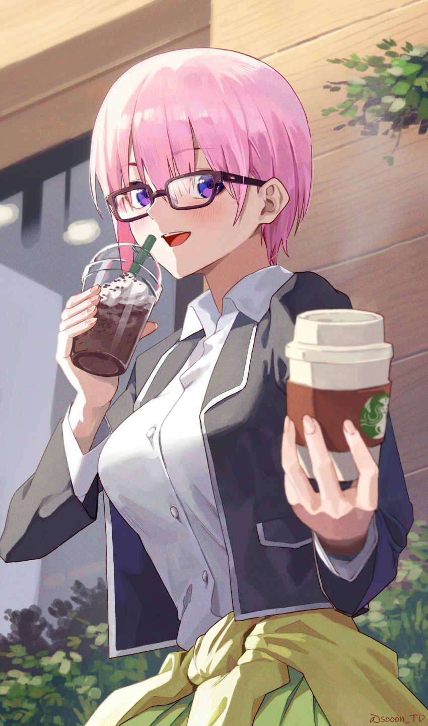 1girl :d absurdres alternate_eye_color bangs bespectacled black_jacket blazer blush breasts building cardigan cardigan_around_waist clothes_around_waist coffee coffee_cup collared_shirt commentary_request cowboy_shot cup disposable_cup drinking_straw eyebrows_visible_through_hair frappuccino glasses go-toubun_no_hanayome green_skirt hair_between_eyes highres holding holding_cup jacket large_breasts long_sleeves looking_at_viewer nakano_ichika open_blazer open_clothes open_jacket open_mouth outdoors pink_hair plant pleated_skirt purple_eyes school_uniform shirt short_hair sidelocks skirt smile solo sooon standing twitter_username upper_teeth white_shirt yellow_cardigan