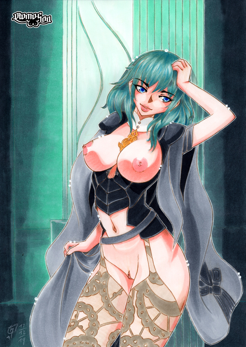 aqua_hair artist_name blue_eyes breasts byleth_(fire_emblem) byleth_(fire_emblem)_(female) fantasy fire_emblem fire_emblem:_three_houses garter_belt highres large_breasts long_hair marker_(medium) nipples otomo-san pussy traditional_media uncensored