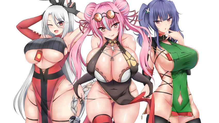 1girl 3girls :o :q ;d alternate_costume angpao animal_ears armpits arms_up ass_visible_through_thighs azur_lane bangs bare_shoulders black_dress black_gloves black_legwear black_panties black_ribbon black_shirt black_sleeves blunt_bangs blush bra bra_peek braid braided_bun breasts bremerton_(azur_lane) bremerton_(kung_fu_cruiser)_(azur_lane) bridal_gauntlets bunny_ears china_dress chinese_clothes cleavage collarbone covered_navel cowboy_shot detached_sleeves double_bun dress english_commentary eyebrows_visible_through_hair eyewear_on_head fake_animal_ears finger_to_face glint gloves green_dress grey_hair groin hair_between_eyes hair_intakes hair_ornament hair_ribbon hands_up highres huge_breasts kuroakei_(pixiv5742644) large_breasts leaning_forward long_hair long_sleeves looking_at_viewer mole mole_on_breast mole_under_eye multicolored_hair multiple_girls no_mole no_panties official_alternate_costume one_eye_closed open_mouth panties parted_bangs partially_fingerless_gloves pelvic_curtain pelvic_curtain_lift pink_eyes pink_hair pola_(azur_lane) prinz_heinrich_(azur_lane) purple_hair red_dress red_eyes red_sleeves revealing_clothes ribbed_shirt ribbon round_eyewear shirt shrug_(clothing) side-tie_panties sideboob sidelocks single_detached_sleeve skindentation sleeveless sleeveless_dress smile standing strap_pull strapless strapless_bra streaked_hair sunglasses taut_clothes taut_dress thigh_strap thighhighs tinted_eyewear tongue tongue_out twintails two-tone_hair underboob underwear untying w white_background white_bra white_hair