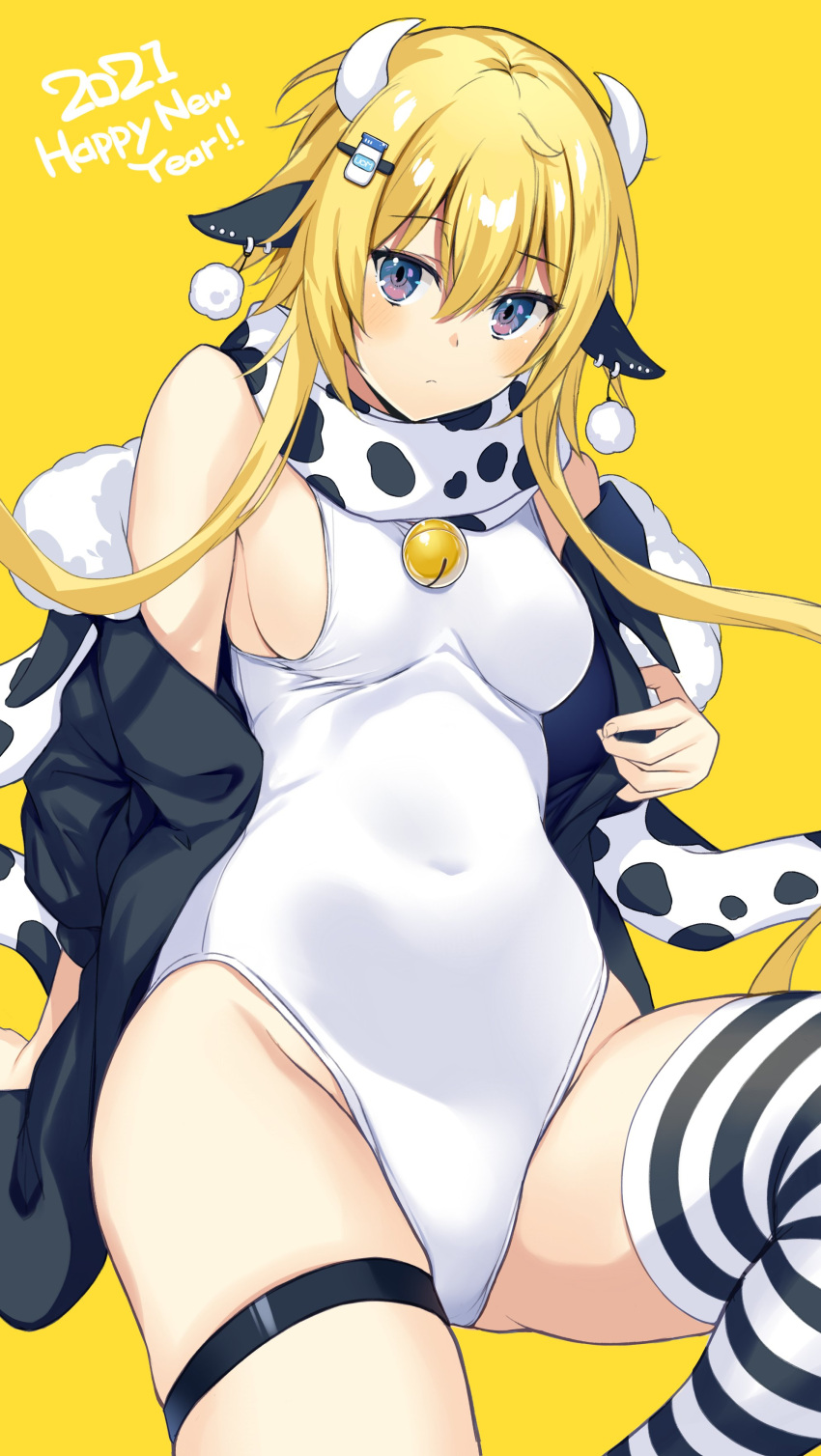 1girl absurdres animal_ears animal_print bell blonde_hair commentary_request covered_navel cow_horns cowbell fur-trimmed_jacket fur_trim hair_ornament highres horns jacket kurebayashi_noe leotard looking_at_viewer multicolored multicolored_eyes off-shoulder_jacket open_clothes open_jacket original scarf single_thighhigh sitting thigh_strap thighhighs two-tone_legwear white_leotard yellow_background