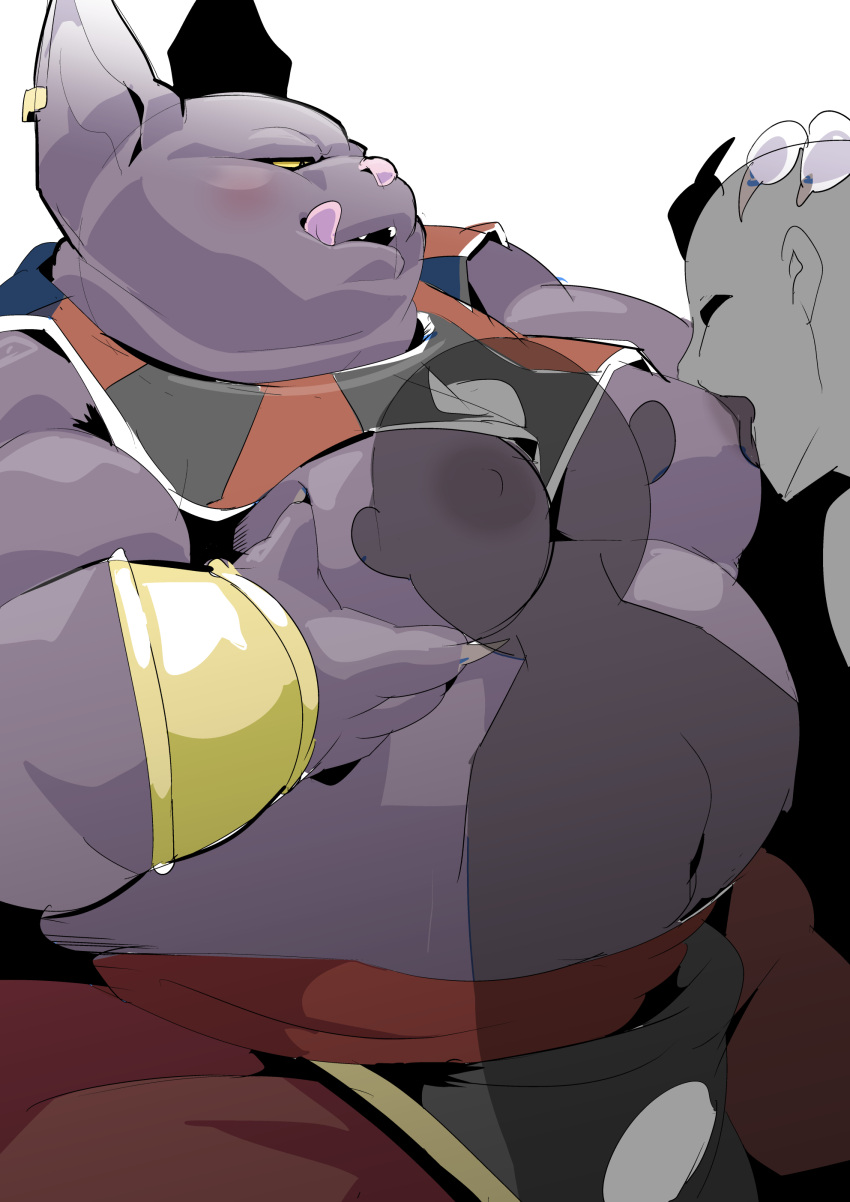 2021 absurd_res anthro belly blush champa domestic_cat dragon_ball dragon_ball_super felid feline felis group hi_res humanoid_hands kemono male mammal moob_suck moobs navel nipples overweight overweight_male purple_body sigenoya takotyutyu tongue tongue_out