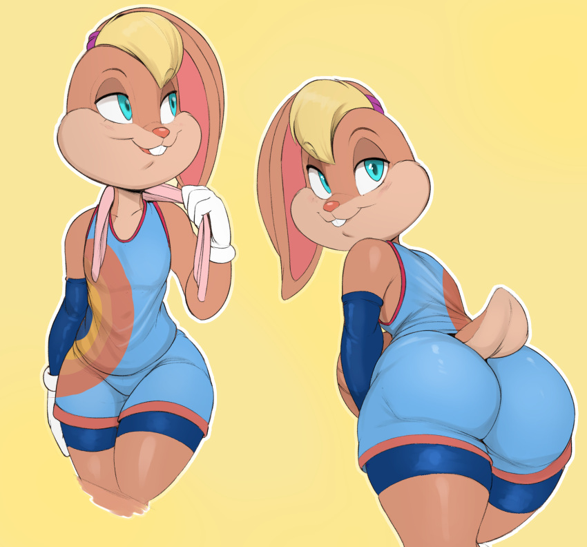 accessory anthro basketball_uniform big_butt blonde_hair blue_eyes bottomwear brown_body brown_fur buckteeth butt clothing collarbone elbow_brace female flat_chested front_view fur furgonomics gloves hair hair_accessory hairband half-closed_eyes handwear hi_res lagomorph leporid lola_bunny looking_at_viewer looking_back looking_back_at_viewer looney_tunes mammal narrowed_eyes presenting presenting_hindquarters rabbit rear_view scut_tail shirt shorts simple_background smile solo sportswear tail_clothing tank_top teeth thick_thighs topwear towel uniform usnarbit warner_brothers wide_hips yellow_background