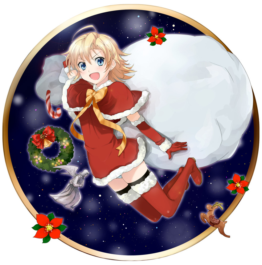 1girl :d blonde_hair blue_eyes candy candy_cane capelet christmas daitabashi_kinu elbow_gloves food fur_trim genderswap genderswap_(mtf) gloves highres holding liquid_snake medium_hair metal_gear_(series) metal_gear_solid open_mouth panties panty_peek reindeer sack santa_costume smile solo striped striped_panties thighhighs underwear wreath zettai_ryouiki