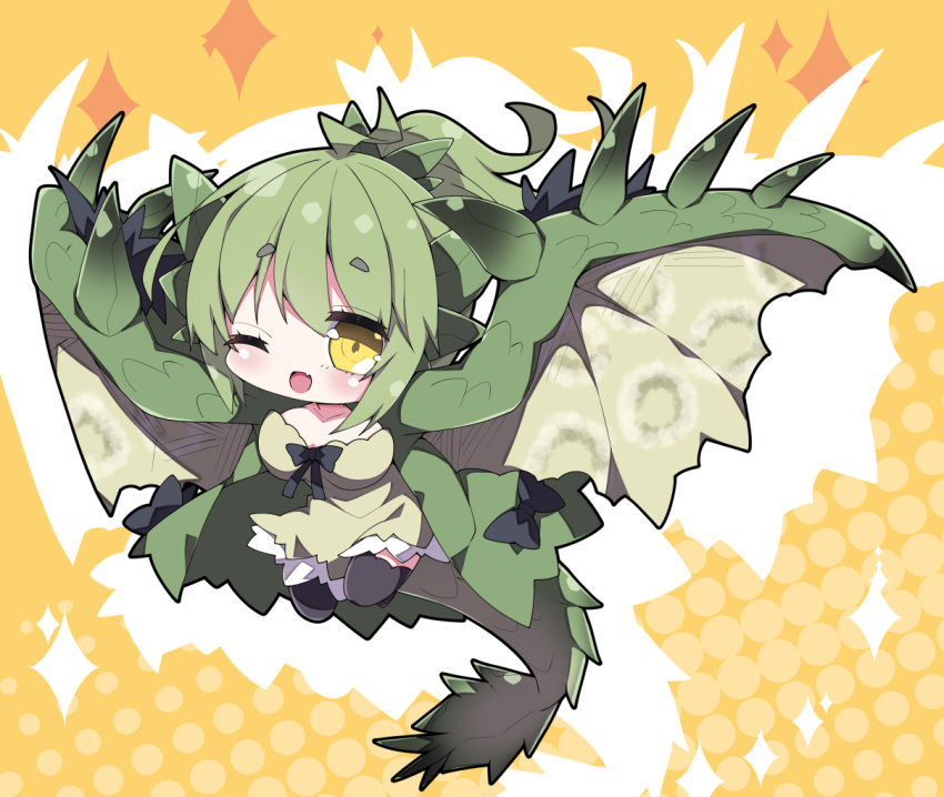 1girl ;d ahoge bangs black_bow black_legwear bow breasts brown_dress brown_wings chibi collarbone commentary_request dragon_girl dragon_horns dragon_tail dragon_wings dress eyebrows_visible_through_hair fang full_body green_hair hair_between_eyes halftone halftone_background horns large_breasts milkpanda monster_hunter one_eye_closed open_mouth orange_background personification ponytail rathian short_eyebrows smile solo sparkle tail thick_eyebrows thighhighs wings yellow_eyes