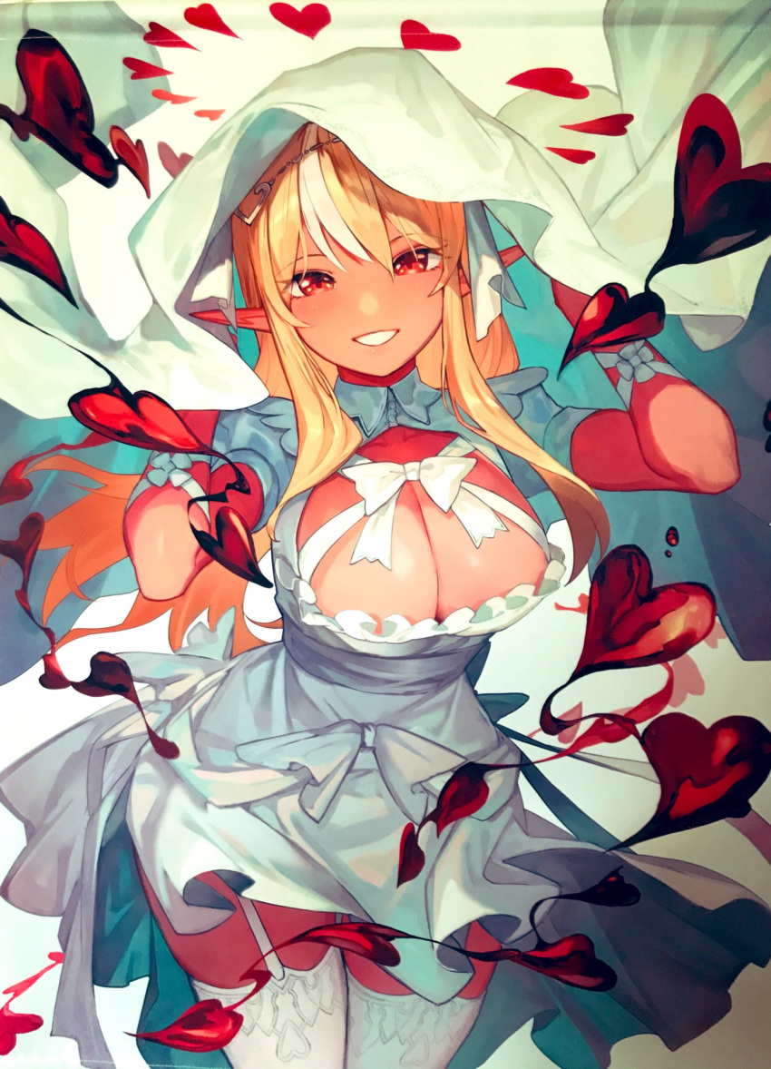 1girl bangs blonde_hair breasts cleavage cleavage_cutout clothing_cutout commentary_request dark_elf dark_skin dark_skinned_female elf garter_straps grin heart highres hololive long_hair looking_at_viewer multicolored_hair orange_eyes pointy_ears red_heart shiranui_flare smile solo teeth thighhighs virtual_youtuber white_hair white_legwear yomosaka