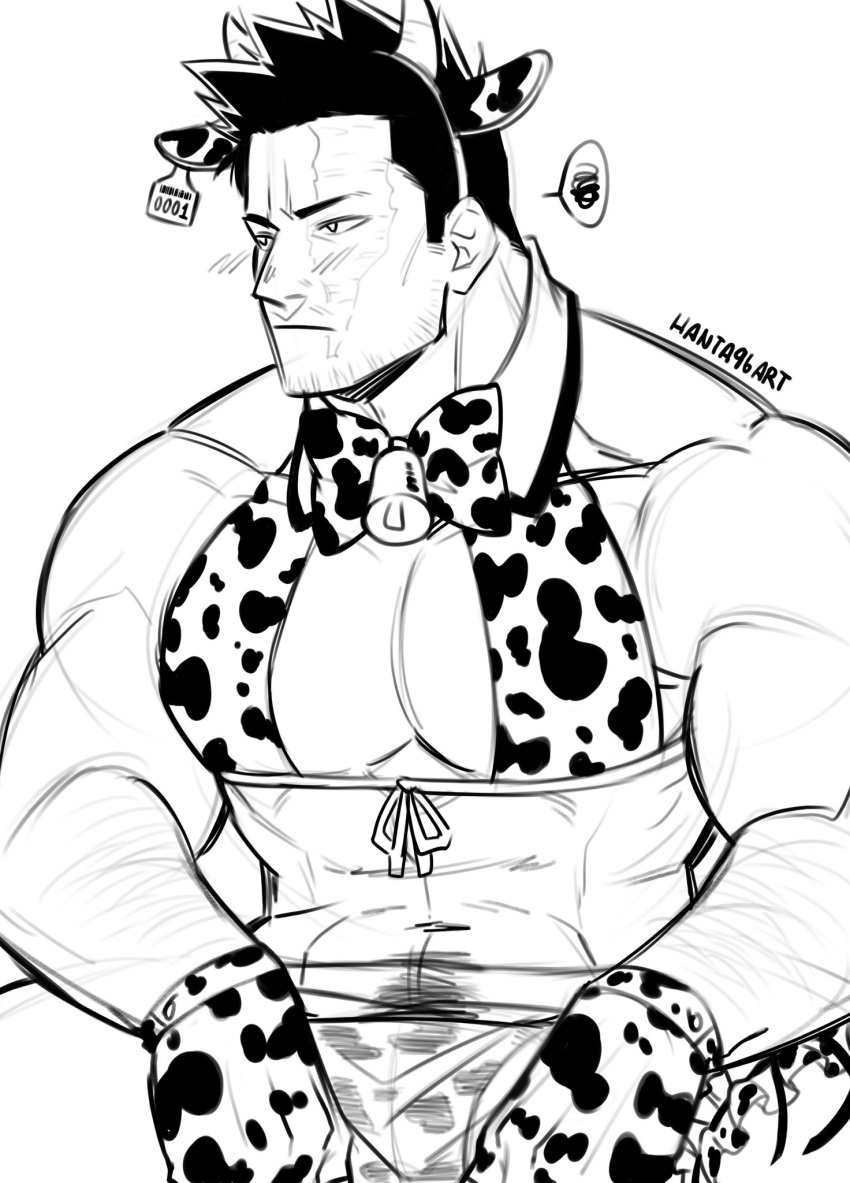 1boy alternate_costume animal_ears animal_print arm_hair bara bell blush boku_no_hero_academia bow bowtie bra chinese_zodiac cow_boy cow_ears cow_horns cow_print cowboy_shot crossdressing facial_hair fake_animal_ears gloves greyscale hanta96 happy_new_year highres horns large_pectorals looking_to_the_side male_cleavage male_focus mature_male monochrome muscular muscular_male neck_bell new_year panties print_bra print_gloves print_panties scar scar_across_eye short_hair sideburns solo spiked_hair stubble todoroki_enji underwear year_of_the_ox