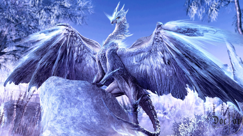 2021 3d_(artwork) absurd_res amber_eyes capcom digital_media_(artwork) doctor-sfm dragon frost frost_dragon hi_res horn ice membrane_(anatomy) membranous_wings monster_hunter outside plant pupils scales slit_pupils snow solo tree velkhana video_games wings