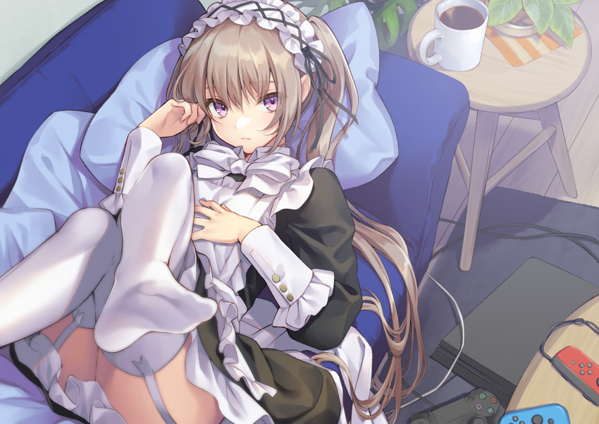 1girl apron bangs black_dress bow bowtie controller couch crossed_legs cup dress expressionless feet frilled_apron frilled_cuffs frills from_above game_console game_controller garter_straps grey_hair hand_on_own_chest hands_up indoors knees_up long_hair looking_at_viewer lying maid maid_headdress mug ne-on no_shoes on_back on_couch original pillow playstation_4 purple_eyes rug sidelocks soles solo thighhighs twintails white_legwear wooden_floor