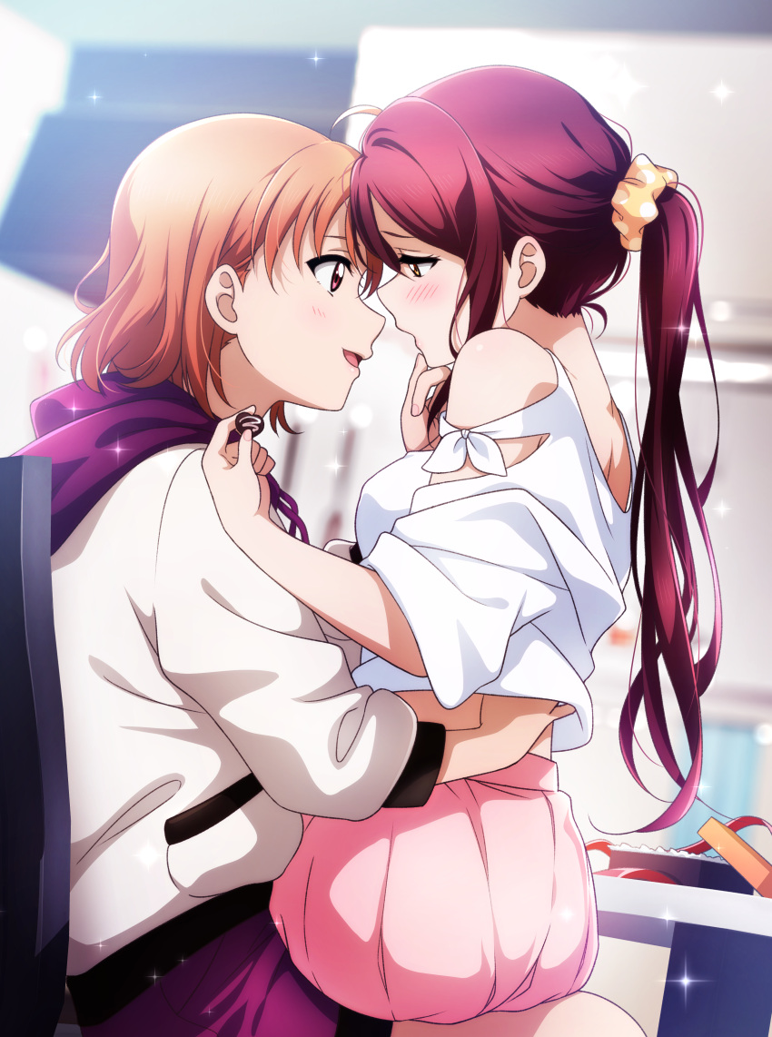 2girls absurdres ahoge bare_shoulders blurry blurry_background blush breasts candy chair chocolate chocolate_heart commentary_request eye_contact food hair_ornament hair_scrunchie hand_on_another's_chin hand_under_clothes hand_under_shirt heart highres holding hood hoodie kougi_hiroshi long_hair long_sleeves looking_at_another looking_to_the_side love_live! love_live!_sunshine!! medium_breasts multiple_girls open_mouth orange_hair pleated_skirt polka_dot polka_dot_scrunchie ponytail purple_shorts red_eyes red_hair sakurauchi_riko scrunchie shirt short_hair short_sleeves shorts sitting sitting_on_lap sitting_on_person skirt sparkle takami_chika valentine white_hoodie white_shirt yellow_eyes yellow_scrunchie yuri