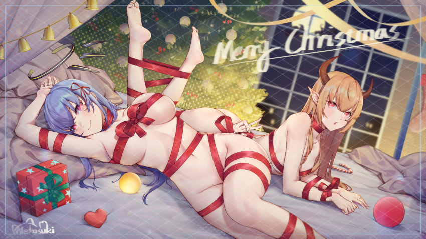 2girls absurdres barefoot blue_hair blush breasts brown_hair candy candy_cane christmas_gift christmas_lights christmas_ornaments christmas_tree closed_mouth copyright_request english_text fingernails food full_moon hand_up heart highres horns indoors jiliang_jiying_yumao large_breasts long_hair looking_at_viewer lying merry_christmas moon multiple_girls naked_ribbon on_side on_stomach parted_lips pink_eyes red_ribbon ribbon santa_claus simple_background smile soles the_pose