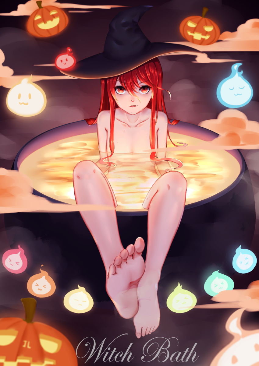 1girl :3 absurdres barefoot bathing black_headwear cauldron chinese_commentary collarbone commentary_request completely_nude ghost hair_over_breasts hat highres in_cauldron jack-o'-lantern jiliang_jiying_yumao long_hair looking_at_viewer nude original pumpkin red_hair smile soles solo witch_hat