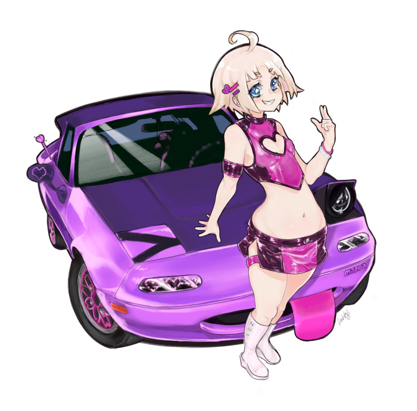 1girl ahoge bangs blonde_hair blue_eyes breasts car cenketsu cleavage_cutout clothing_cutout crop_top dice eunos_roadster ground_vehicle hair_ornament hairclip heart heart_hair_ornament highres looking_at_viewer mazda miniskirt motor_vehicle navel original purple_skirt signature skirt smile solo white_footwear