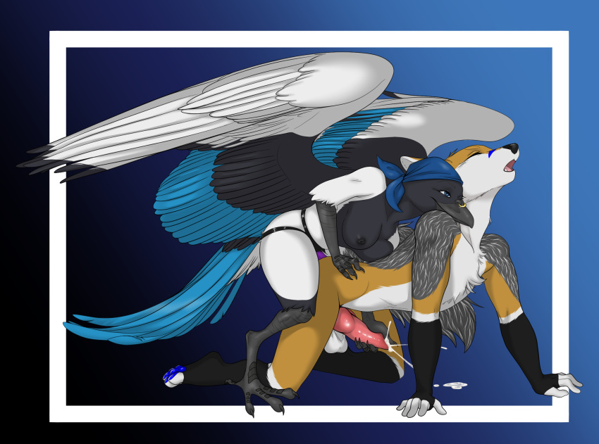 4_toes all_fours anal anal_penetration animal_genitalia anthro avian balls beak bird black_body black_feathers black_feet black_fur blue_body blue_eyes blue_feathers blue_fur blue_pawpads bodily_fluids breasts butt canid canine canis claws cum cumshot digital_media_(artwork) dildo doggystyle duo ejaculation erection eyes_closed feathered_wings feathers feet female female_penetrating female_penetrating_male from_behind_position fur genital_fluids genitals grey_body grey_fur hair hi_res jackal looking_pleasured male male/female male_penetrated mammal multicolored_body nequamars nipples nude open_mouth pawpads paws pegging penetration penis pleasured reach_around saggy_balls selix sex sex_toy simple_background smile tan_body tan_fur toes tongue toying_partner white_body white_feathers white_fur wings