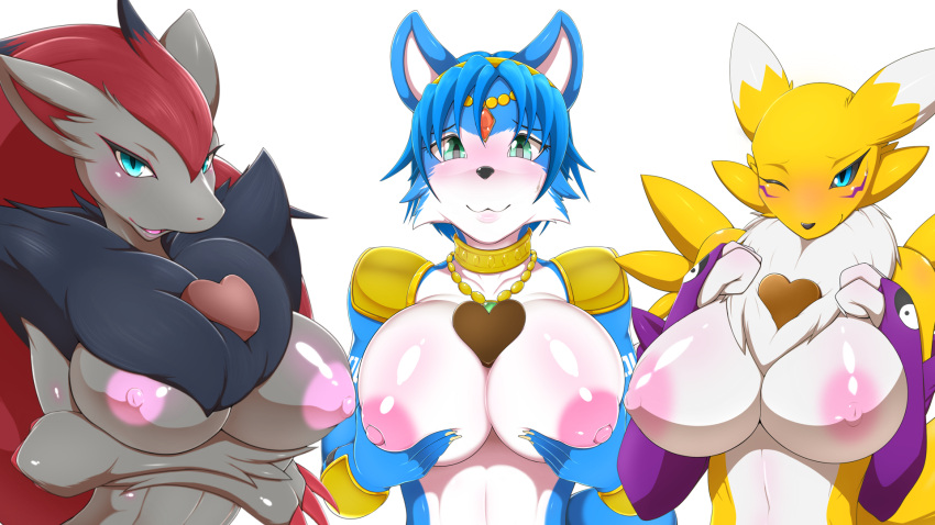 anthro big_breasts blue_body blue_fur blush breasts digimon digimon_(species) female fur group hi_res kemojin krystal looking_at_viewer nintendo nipples one_eye_closed pok&eacute;mon pok&eacute;mon_(species) renamon star_fox video_games white_body white_fur yellow_body yellow_fur zoroark