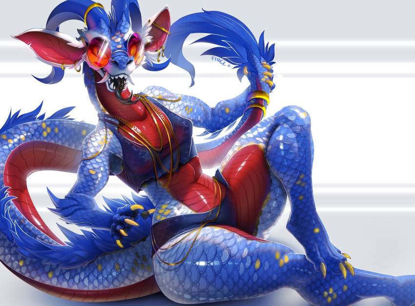 2021 anthro asian_mythology blue_body blue_fur blue_scales breasts clothing crop_top dragon ear_piercing ear_ring east_asian_mythology eastern_dragon eyewear fangs female fivel fur glasses holding_tail horn jewelry looking_at_viewer mythology necklace non-mammal_breasts piercing red_body red_scales scales shirt sitting solo tongue tongue_out topwear