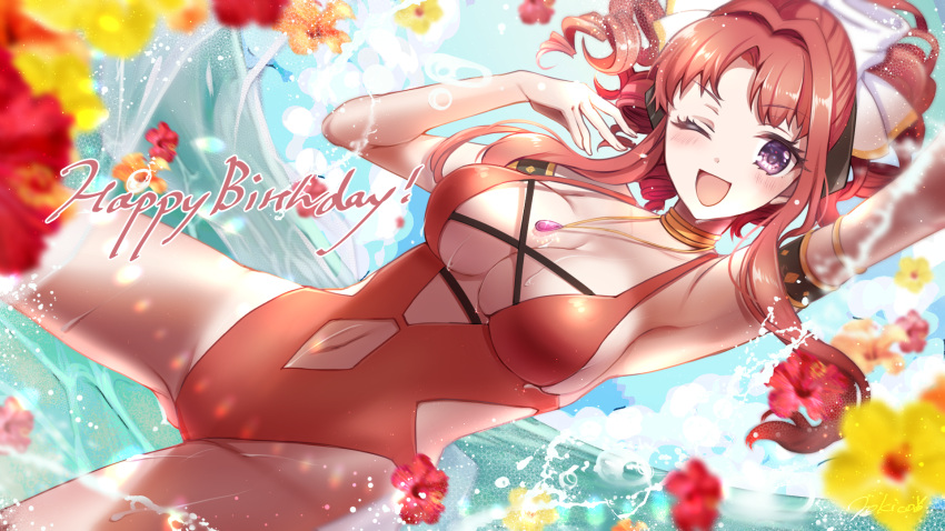 1girl akino_(princess_connect!) arm_up armlet armpits bangs bare_shoulders blue_sky blush bow breasts cleavage clothing_cutout collarbone flower hair_bow happy_birthday highleg highleg_swimsuit highres jewelry large_breasts long_hair looking_at_viewer navel navel_cutout neck_ring necklace ocean one-piece_swimsuit one_eye_closed open_mouth parted_bangs pendant ponytail princess_connect! princess_connect!_re:dive purple_eyes red_hair red_swimsuit rokico sidelocks sky smile swimsuit thighs water white_bow