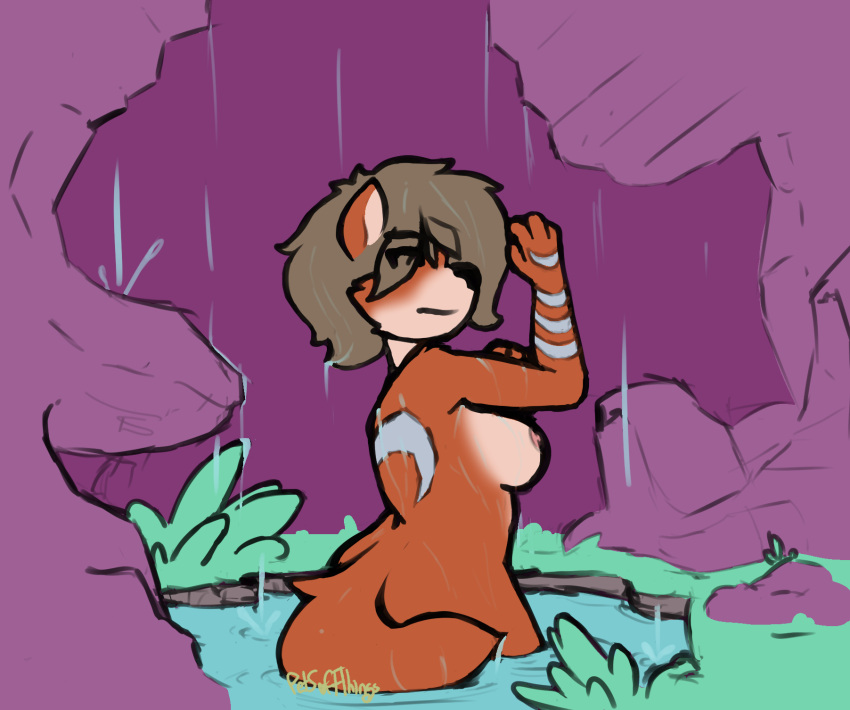 anthro bathing butt canid canine cave female fox fur hi_res mammal markings mia_ryder multicolored_body multicolored_fur nude outside partially_submerged petsoftthings_(artist) red_body red_fur signature solo tan_body tan_fur two_tone_body two_tone_fur water