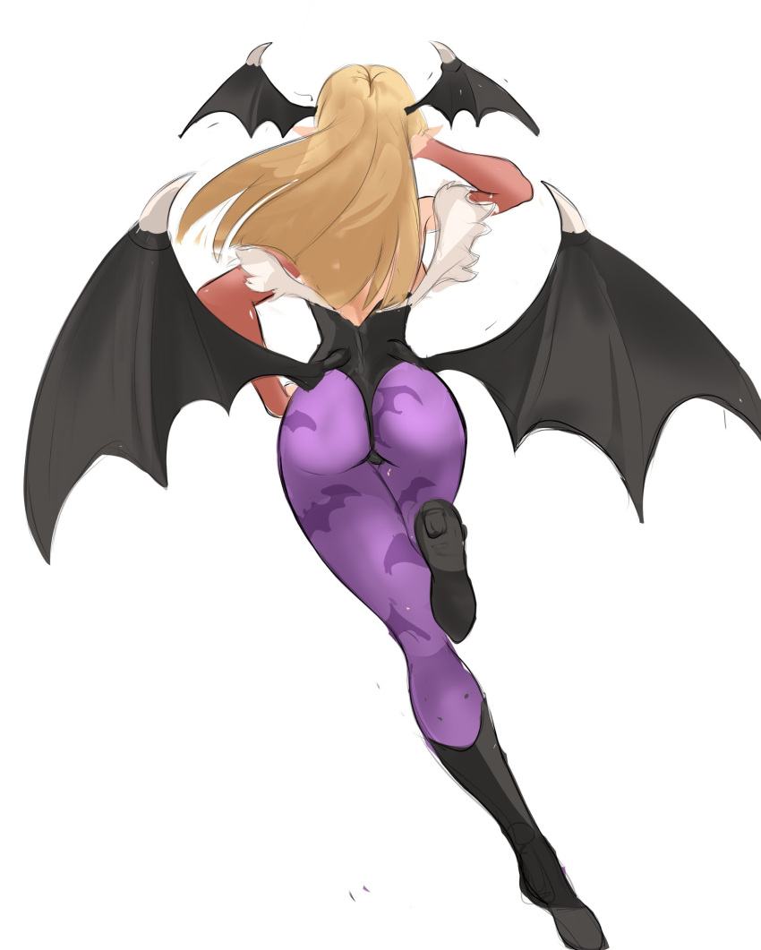 1girl :p animal_print ass bat_print blonde_hair cosplay highres long_hair morrigan_aensland morrigan_aensland_(cosplay) pantyhose pointy_ears princess_zelda print_legwear rakeem_garcia-cueto simple_background solo the_legend_of_zelda tongue tongue_out vampire_(game) white_background