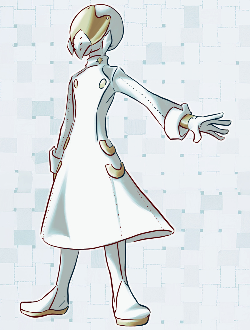 1boy aether_foundation_employee arm_at_side boots buttons coat commentary_request full_body gloves helmet highres komurapk long_sleeves male_focus outstretched_arm pokemon pokemon_(game) pokemon_sm solo spread_fingers standing turtleneck white_coat white_footwear white_gloves