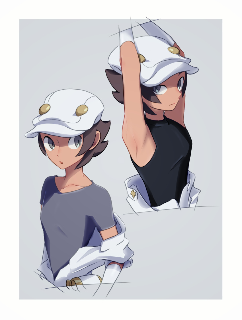 1boy :o aether_foundation_employee armpits arms_up black_shirt brown_hair closed_mouth collarbone dark_skin dark_skinned_male gloves grey_eyes grey_shirt hat highres komurapk looking_at_viewer male_focus multiple_views pokemon pokemon_(game) pokemon_sm shirt short_hair short_sleeves sleeveless sleeveless_shirt upper_body white_gloves white_headwear