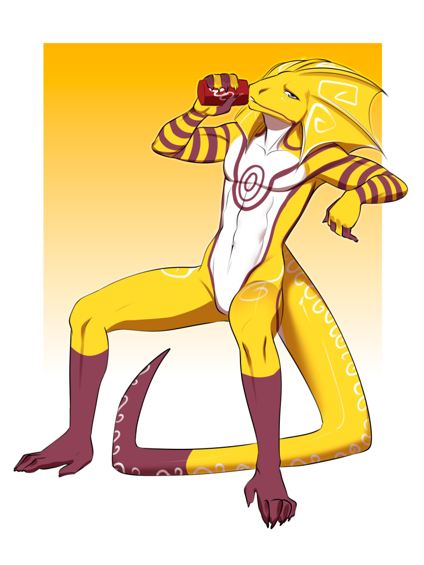 agamid anthro athletic athletic_anthro beverage beverage_can claws drinking feet frilled_lizard hi_res lizard male multicolored_body nude red_body relaxing reptile scalie simple_background sitting solo spiral_(thespiralaim) toes two_tone_tail white_body yellow_body