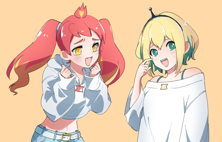 2girls :d amano_pikamee bangs bare_shoulders belt blonde_hair blue_shorts bright_pupils colored_inner_hair commentary denim denim_shorts drawstring fangs green_eyes hand_up highres hikasa_tomoshika hood hood_down hoodie kiko_(kikobooom) long_hair long_sleeves looking_at_another looking_away midriff multicolored_hair multiple_girls navel off-shoulder_shirt off_shoulder open_mouth red_hair scratching_cheek sharp_teeth shirt short_hair shorts simple_background sleeves_past_wrists smile teeth twintails two-tone_hair voms white_hoodie white_pupils white_shirt yellow_background yellow_eyes