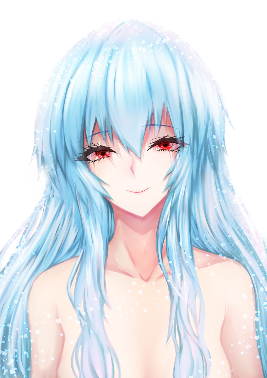 alternate_hair_length alternate_hairstyle ayanami_rei blue_hair highres long_eyelashes long_hair looking_at_viewer neon_genesis_evangelion nude red_eyes shima-shuu smile very_long_hair