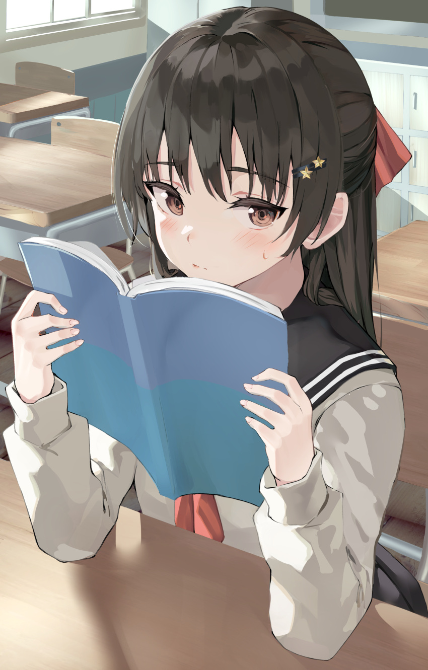 1girl absurdres bangs blush book bow brown_eyes brown_hair classroom eyebrows_visible_through_hair hair_behind_ear hair_bow hair_ornament highres holding holding_book hwanhee long_hair original red_bow sailor_collar school_uniform serafuku sitting solo star_(symbol) star_hair_ornament sweatdrop